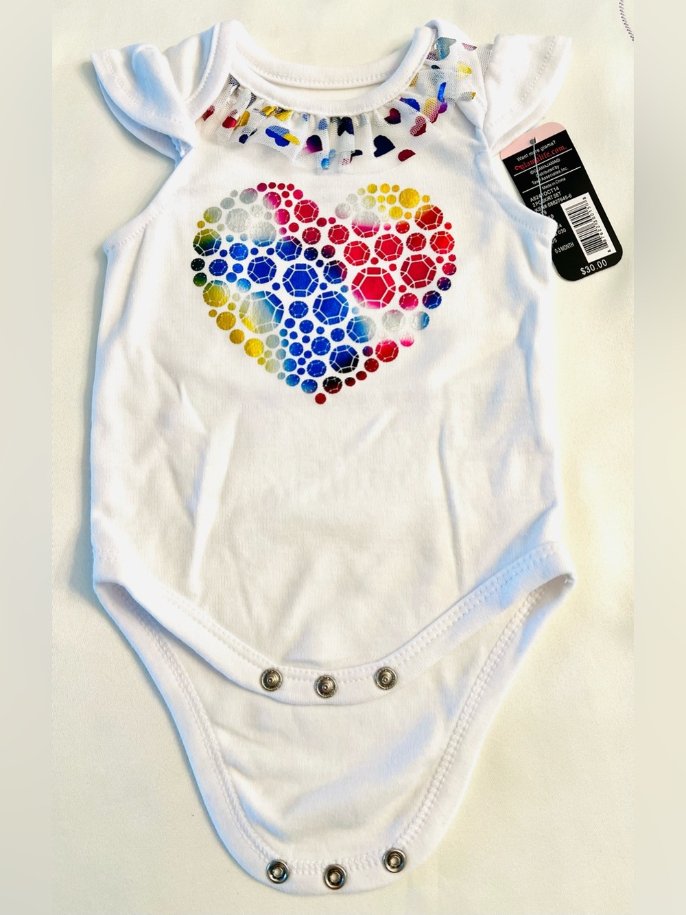 Baby Girls White One-Piece Bodysuit with Rainbow Heart